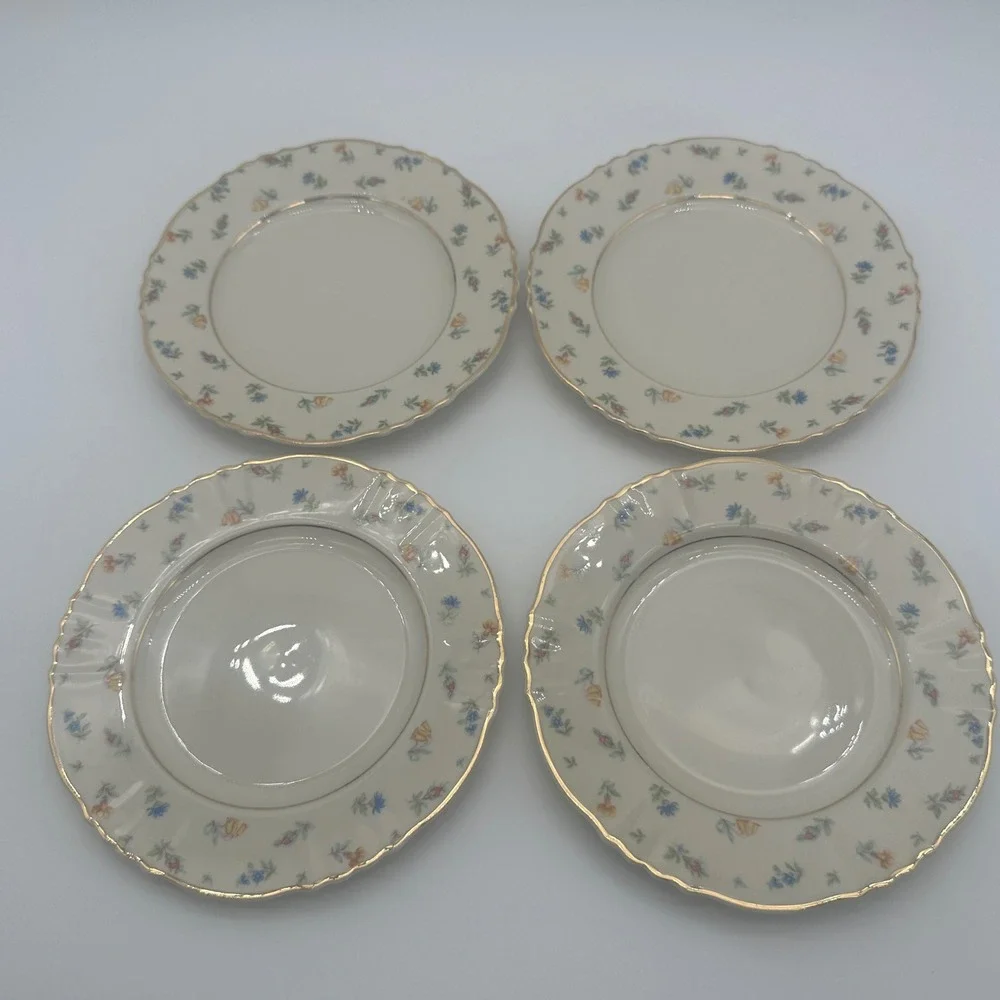 4 Syracuse China Suzanne Federal Shape Bread Plates Floral Gold 6.25